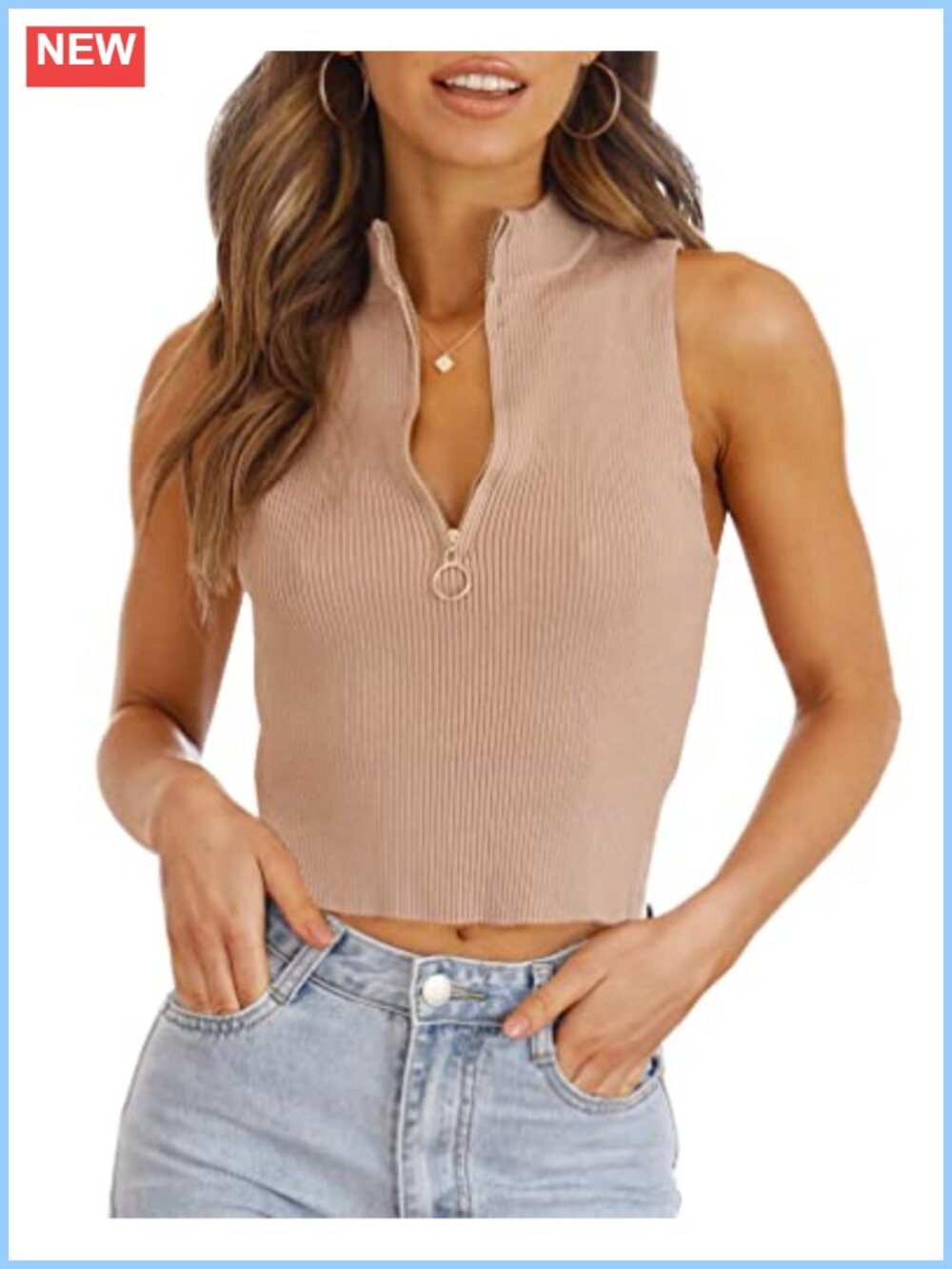 Womens Summer Zipper Knit Crop Top Sleeveless Mock Neck Tank Y2K Going Out